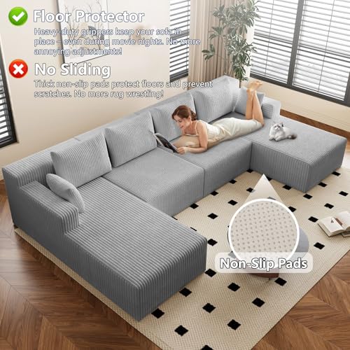 Image of 142 inch Cloud Sectional Boneless Couches for Living Room, Modular U Shaped Couch with 2 Chaise, Modern Comfy Deep Seat Corduroy Memory Foam Compressed Sofa for Apartment, Light Grey