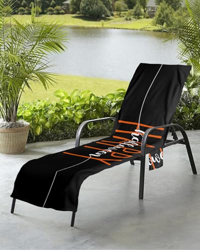 Happy Halloween Beach Chair Towel Covers for Chaise Lounge with Side Pocket, Soft Plush Pool Towels Cover for Patio Sunbathing Outdoor 29''x85'' Black Orange White English Letter