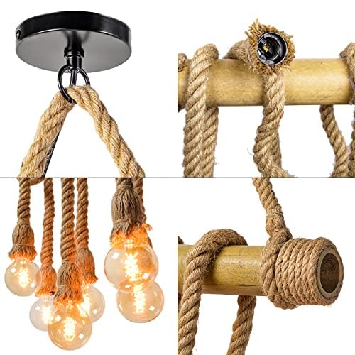 Arturesthome Hemp Rope Pendant Light for Kitchen Island, Vintage Bamboo Chandeliers Ceiling Light, Rustic Industrial Hanging Lamp for Bedroom Restaurant Cafe Bar Decoration (6 Lights)