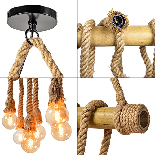 Arturesthome 6 Heads Hemp Rope Pendant Light, Vintage Bamboo Chandeliers Fixture Kitchen Island, Rustic Industrial Hanging Lamp for Bedroom Restaurant Cafe Bar Country Style Decoration by Arturesthome - Image 6