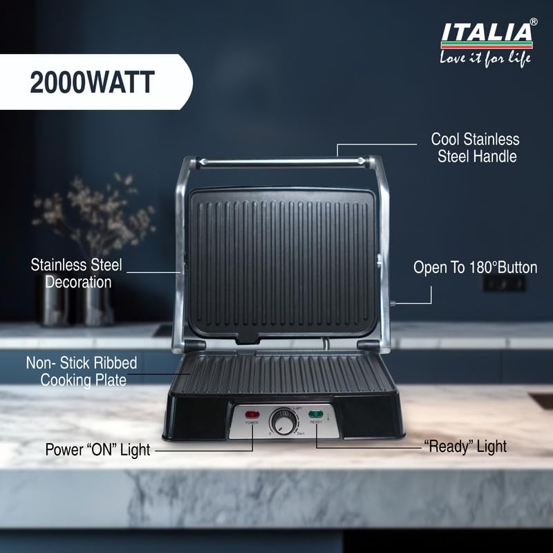Image of ITALIA Electric Contact Sandwich Grill Maker, 2000W, 180� Opening, Temperature Control, Non-Stick Plates