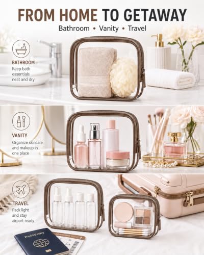 Image of LETGO TSA Approved Toiletry Bag - Clear Makeup Bag Waterproof Quart Size Bag, Travel Makeup Cosmetic Bag for Women Men, Carry on Airport Airline Compliant (Coffee, Pack of 4)