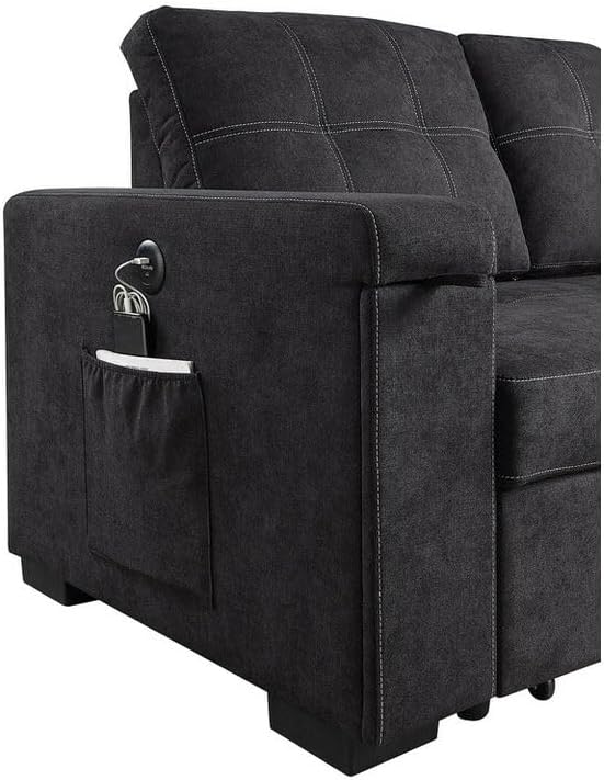 ERYE Modern Reversible Tufted Sleeper Sectional Sofa W/Pull Out Couch Bed and Storage Chaise, L-Shaped Woven Linen Fabric Upholstered Sofa&Couch Convertible Sofabed with Hidden Cupholders & USB Ports