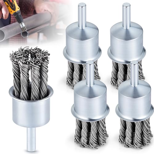 Image of Threlaco 5 Pack 1 Inch Twist Knotted Wire End Brush with 1 /4 Inch Shank for Drill, 20000 RPM Max Speed Heavy Duty Carbon Steel Wire Wheel for Die Grinders and Drills, Rust Paint Slag Removal