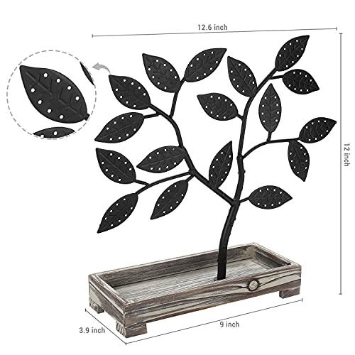 Mygift Matte Black Leaf & Tree Design Jewelry Organizer Earring Holder With Rustic Torched Wood Ring Dish Tray #TOP3