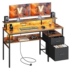VASAGLE Scrivania per Computer con Cassetti in Tessuto, Supporto per Monitor, Luci a LED e Prese di Corrente, 55 x 135 x 90 cm, 2 Porte USB-A, Marrone Vintage LWD094K02