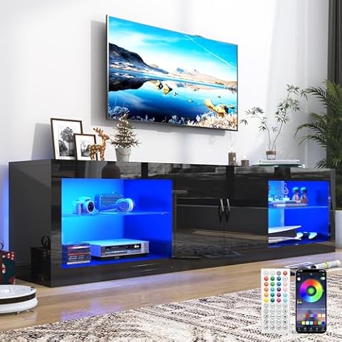 Vinctik 6&Fox 70 Inch Led TV Stand for 80/75 Inch TV, Modern Black Entertainment Center with Adjustable Glass Shelves Two Cabinets, Gaming High Gloss TV Stand with Led Light for Living Room,Black Cover