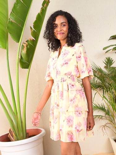 Image of SASSAFRAS Women's Layered Hem Short- Floral Printed Flared Sleeve Layered Georgette Fit & Flare Dress