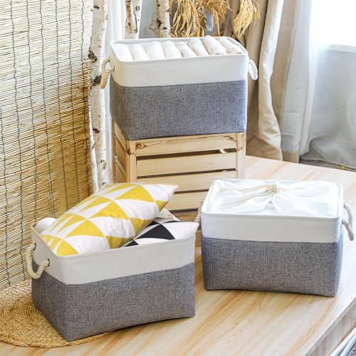 OUTBROS large storage basket, 15.5 x 10.2 x 7.9 inch foldable storage box with handle and drawstring, suitable for towels, clothes (gray/white, small, 3 pack) - Image 3
