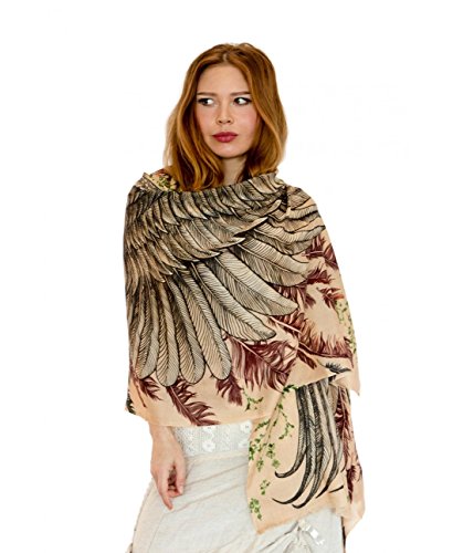 Designer Silk & Cashmere Scarf With Wide Spread Bird Feather Wings (Earthly)2