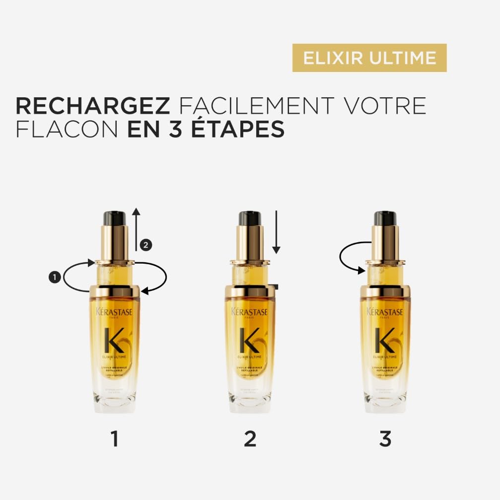 KÉRASTASE Nutritive & Élixir Ultime, Routine Nourrissante & Sublimatrice pour Cheveux Secs et Épais, Shampoing Bain Satin Riche (250 ml) + Huile Originale Rechargeable (75 ml)