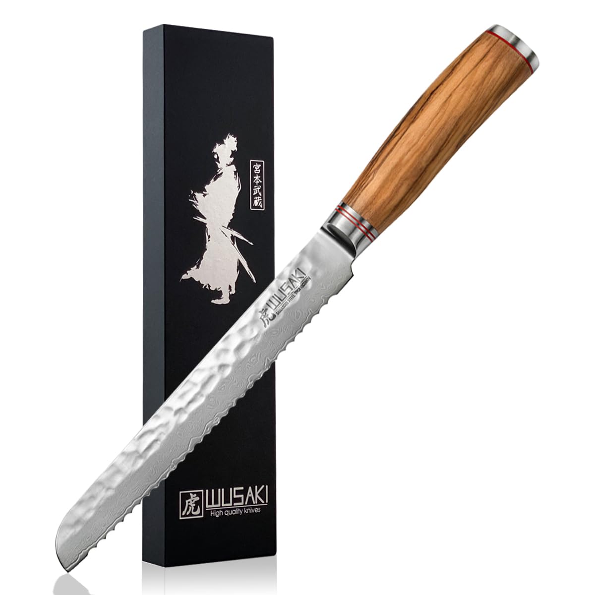 Wusaki - Japoński designerski nóż do chleba ostrze damasceńskie 20 cm ze stali 10Cr uchwyt z drewna oliwkowego - sprzedawany w pudełku prezentowym