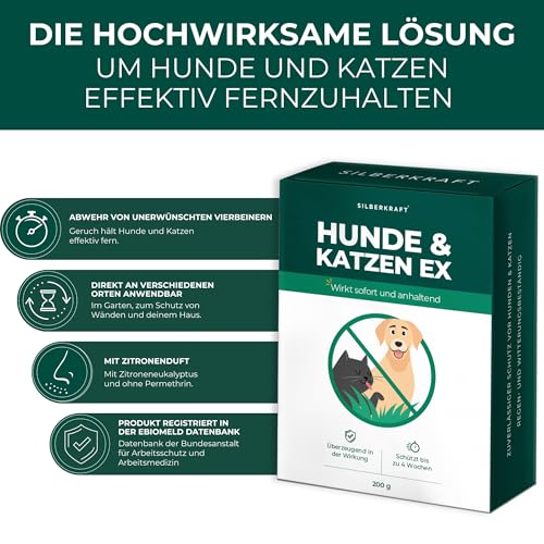 Silberkraft Hunde und Katzen EX Granulat 200g, Hund & Katze von deinem Grundstück fernhalten, Hundeabwehr & Katzenvertreiber, Alternative zu Sprays, Gittern oder Ultraschallgeräten