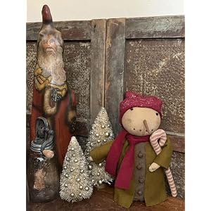 Primitives Supplies for Rustic Christmas Grubby Primitive Stump Doll Snowman Green Coat Rusty Bells Mica for Holiday Kitchen Farhouse Home Decor