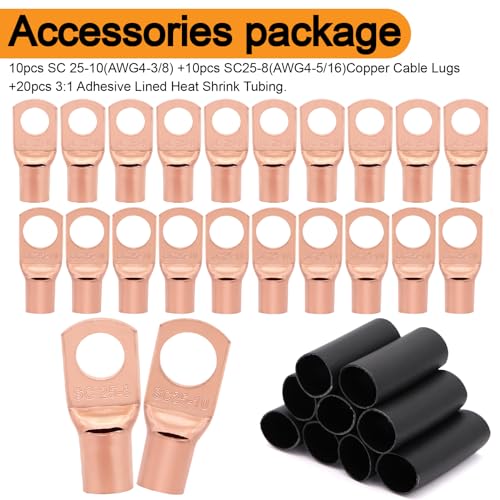 4 Gauge Wire (25ft Each- Black/Red) Copper Clad Aluminum CCA,20pcs Lugs Terminal Connectors with 3:1 Heat Shrink Tube for Power/Auto,Amplifier,Ground Cable by Ruikarhop - Image 7