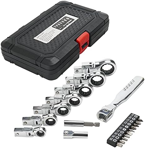 LRVEZSY 20-Piece flex head ratchet wrenches set, tool gear metric tubing large torx angle tool set with case swivel flat wrench sets screwdriver sets (8mm-19mm) ANSI standard SAE & Metric Reversible
