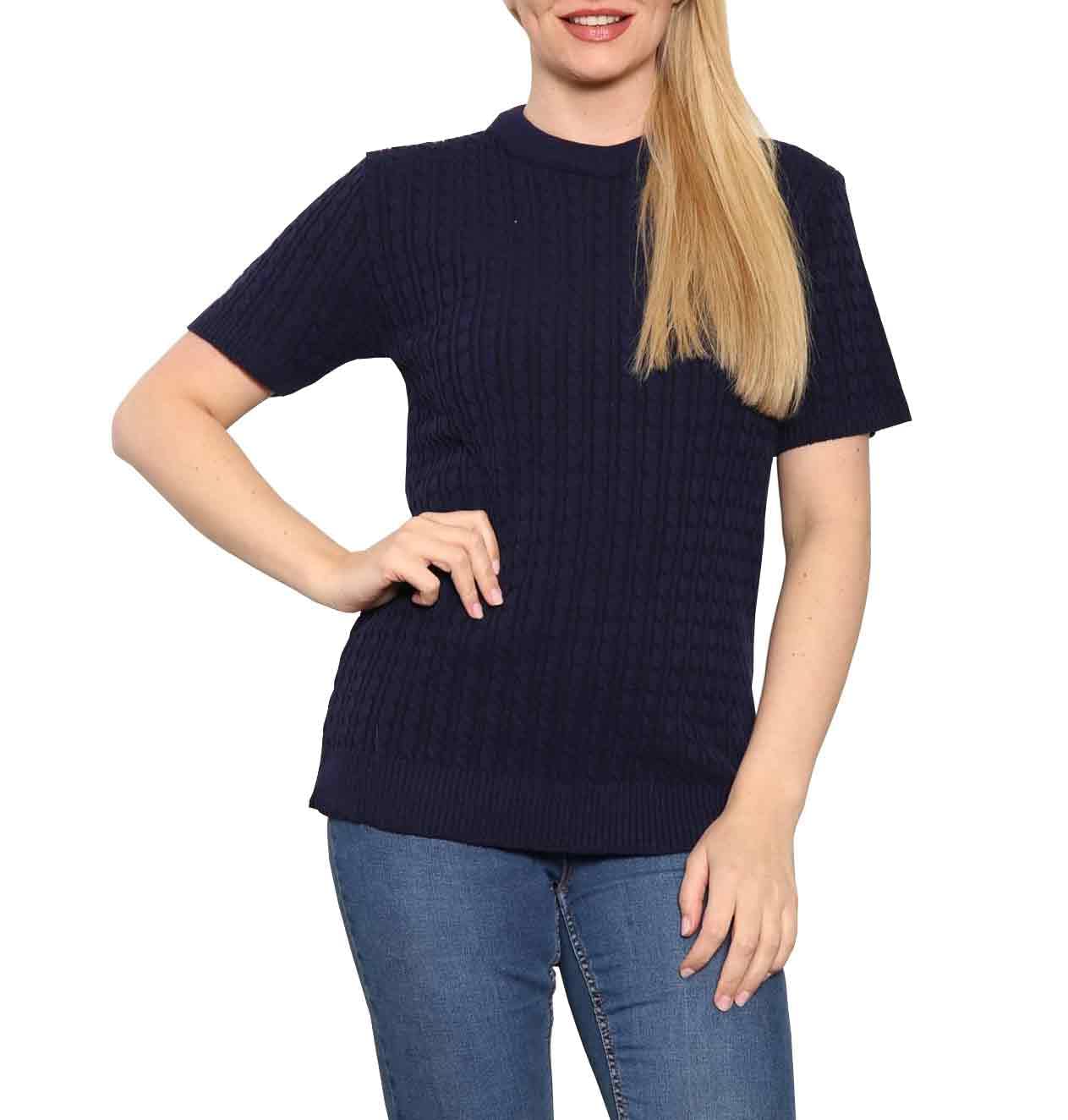 Fairy Boutique Women's Navy Short Sleeves Soft Smooth Cable Knitted Jumper Round Neck Knitwear Half Sleeves Pullover Blouse Sweater Top