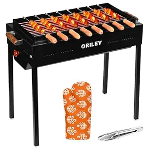 ORILEY Traveler Foldable Charcoal Barbeque Grill with 8 Sticks 1 Glove 1 Tongs Portable Charcoal Tray Stellar Black Free Standing for Home Outdoor Camping Picnic Travel Cooking (Pack of 1, Black)