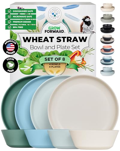 Grow Forward Premium Wheat Straw Plates and Bowls Sets - 8-Piece Wheat Straw Dinnerware Sets - Unbreakable & Reusable Microwave Safe Plastic Dinner Plates for Outdoors, RV, Camping Dishes - Oasis