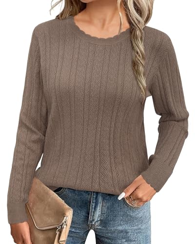 Arach&Cloz Women's Fall Textured Soft Sweaters Scalloped Neck Lon...