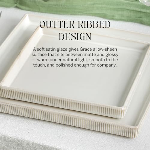 Image of Stone Lain Grace Stoneware 12-Piece Modern Square Dinnerware Set, Ribbed Plates and Bowls Set, White