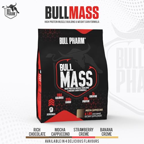 Image of Bull Mass Muscle Gainer Protein Powder | Increased Athletic performance | Strength | Weight Gain | Lean Muscle | FSSAI Approved (Mocha Cappuccino, 6 Lbs)