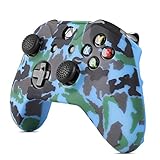 TNP Silicone Gel Controller Skin Set for Xbox One S / One X - Soft Rubber Grip Protective Case Cover & 4 Large 4 Small Anti-Slip Thumbstick Caps for Microsoft Wireless Gaming Gamepad (Camo Blue)