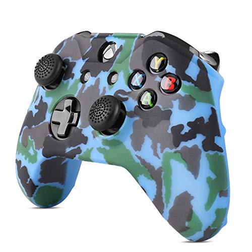 TNP Silicone Gel Controller Skin Set for Xbox One S   One X - Soft Rubber Grip Protective Case Cover & 4 Large 4 Small Anti-Slip Thumbstick Caps for Microsoft Wireless Gaming Gamepad (Camo Blue)