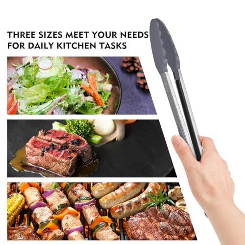Image of HOTEC Premium Stainless Steel Locking Kitchen Tongs with Silicon Tips, Set of 3-7 inch, 9 inch and 12 inch (Grey)