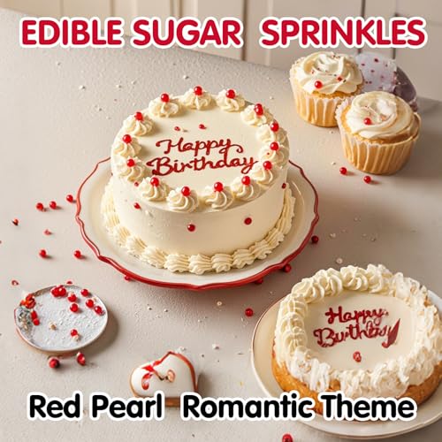 Image of Edible Red Pearl Sprinkles,130g,Edible Pearl Sugar Sprinkles,Baking Edible Cake Decorations,Cupcake Toppers,Cookie Decorating,Donuts Ice Cream Toppings,Wedding Birthday Party Supplies