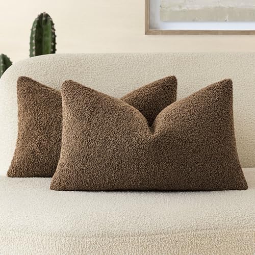 Image of Foindtower Pack of 2, Curly Faux Fur Decorative Throw Pillow Covers Soft Fuzzy Plush Cushion Case with Zipper Cozy Pillowcase for Home Living Room Couch Bed Sofa 12 x 20 Inch,Dark Brown