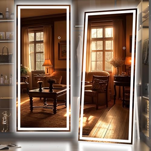 Hasipu Full Length Mirror with Lights, 70" x 23" LED Lighted Floor Standing, Full Body Dressing Hanging Mounted Mirror, Tempered Glass, Square White