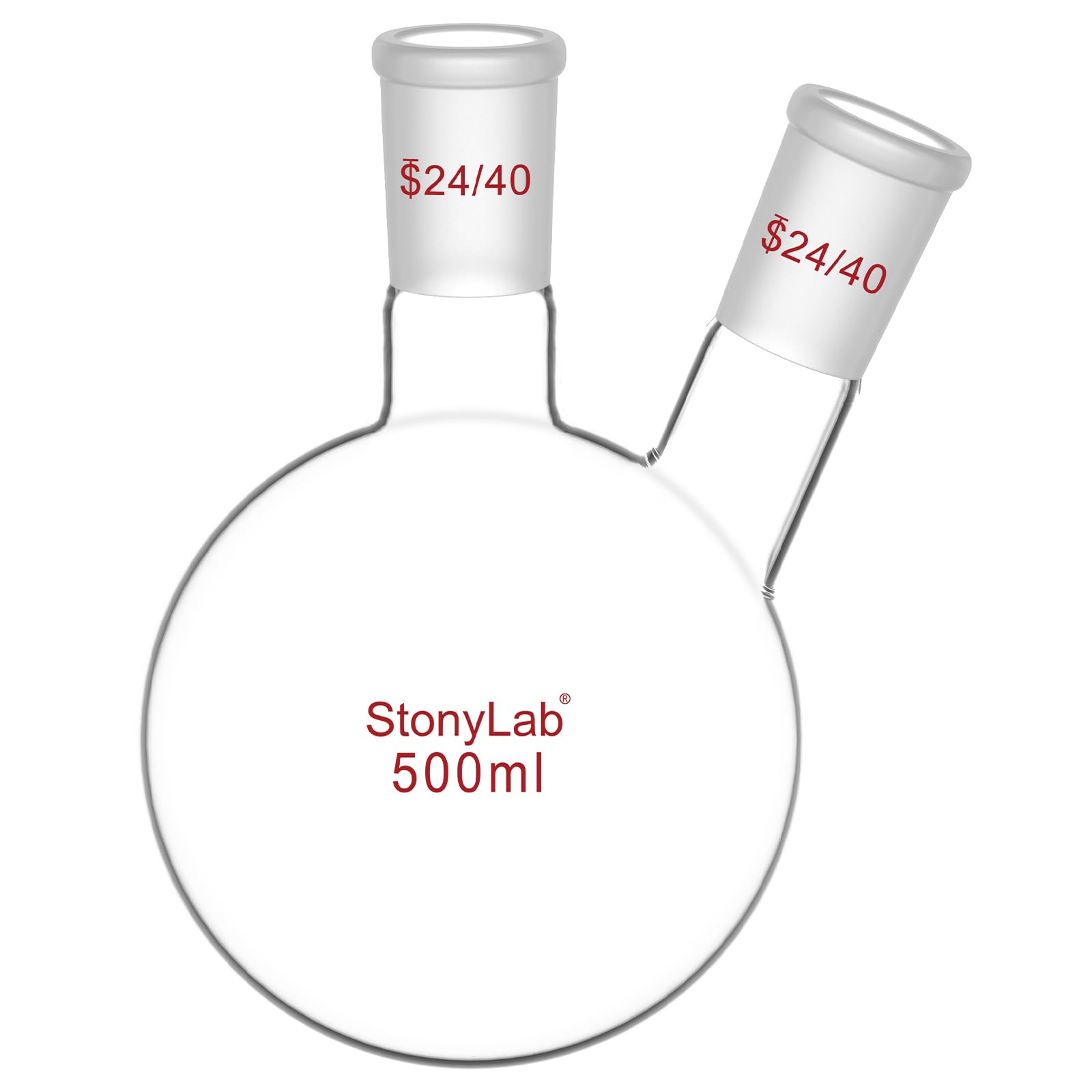 StonyLab Glass Heavy Wall 2 Neck Round Bottom Flask with 24/40 Center and Side Standard Outer Joint