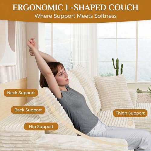 Image of 108 inch Boneless Cloud Sectional Couches for Living Room, Comfy Fluffy L Shaped Memory Foam Deep Seat Boneless Couch, Modular Sectional Sofa with Left Facing Chaise, White