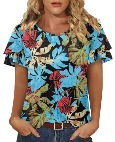 CRAZY GRID Women's Shirts Summer Casual Crewneck Ruffle Short Sleeve Blouses Cute Floral Print Tunic Tops