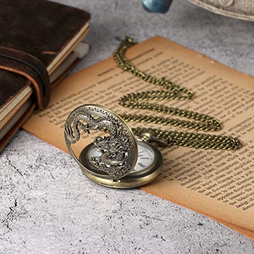 Image of MORFONG Vintage Bronze Dragon Design Pocket Watch Quartz Pocket Watches for Men Women Birthday Christmas Gifts