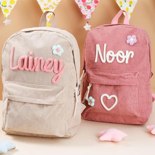 Personalized Corduroy Backpack,Custom School Bag with Cotton Rope Woven, Monogram Book Bag for Student Back to School (Khaki)2
