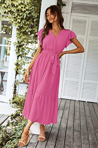 PRETTYGARDEN Women's Summer Floral Boho Maxi Dress Wrap Short Sleeve V Neck Ruffle A-Line Flowy Wedding Guest Long Dresses