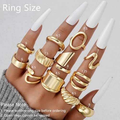 17 MILE Chunky Gold Stackable Rings for Women Non Tarnish, 18K Gold-Plated Statement Open Stacking Rings, Knuckle Band Ring Set2
