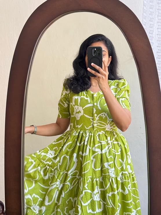 Image of Women's Rayon Floral Printed Midi Dress | Casual Fit & Flare One Piece Dress for Women | Stylish Short Sleeve Western Dress