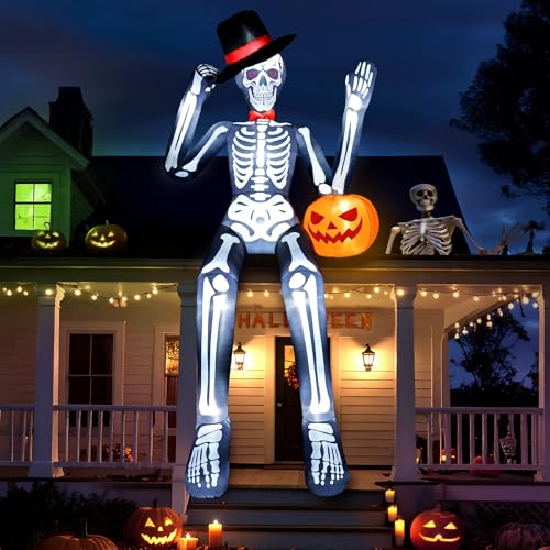 Fayavoo 12FT Halloween Inflatables Outdoor Decorations, Giant Sitting Inflatable Skeleton