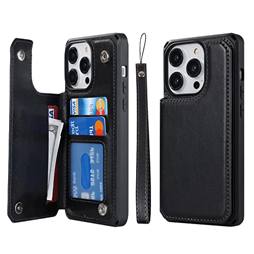 Image of Cavor for iPhone 14 Pro Case Wallet with Card Holder Case [3 Card Slots] [with Lanyard] PU Leather Flip Shockproof Cover for Women and Men - Black