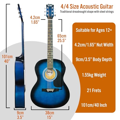 Image of 3rd Avenue Full Size 4 /4 Acoustic Guitar Steel String Pack Bundle for Beginners - Bag, Picks and Spare Strings - Blue