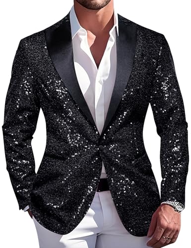 Image of Barry.Wang Mens Sequins Blazer Sparkle Dress Suit Jacket Cocktails Shiny Metallic Disco Dance Party Tuxedo Homecoming