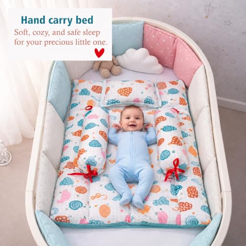 Image of Infantbond Baby Mattress with net | Baby Carry Bag | 4 Pcs Bedding Set | Baby Nest (0-6 Months) (Pista Green Sprial) (Full Set Nest)