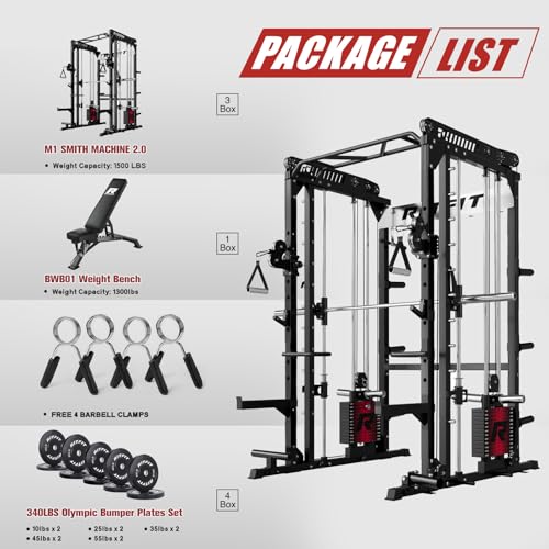 Image of RitFit M1 Pro Smith Machine Package, All-in-One Power Cage with Weight Stack Set, Includes LAT Pulldown & Cable Crossover System for Home Gym