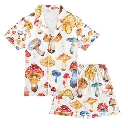 senya Different Mushrooms Satin Summer Pajama Sets Silk Short Sleeve Button Down Sleepwear