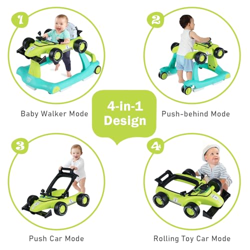 Image of BABY JOY 4-in-1 Baby Walker, Foldable Activity Walker with Adjustable Height & Speed, Music, Lights, Anti-Rollover, Toddler Push Walker, Baby Walker with Wheels for Boys Girls 6-18 Months (Green)