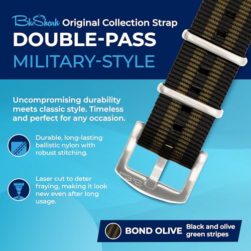 Image of BluShark - Original Collection Military-Style Waterproof Watch Strap, Fits All Timepiece Brands, Durable Nylon Wristwatch Accessories with Stainless Steel Buckle - 18mm, 20mm, 22mm & 24mm Watch Bands