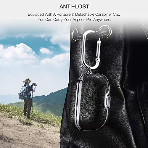 Image of AirPods Pro Case Cover, ICARERSPACE Portable Black Leather Cover Case with Carabiner for Apple AirPods Pro Charging Case [Front LED Visible] [Support Wireless Charging] - Gun Black Plated